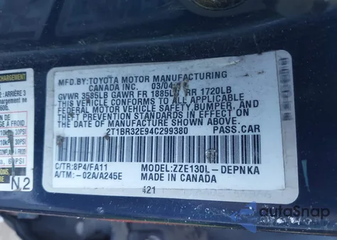 2004 Toyota Corolla Le z USA, uszkodzony, nr VIN 2T1BR32E94C299380